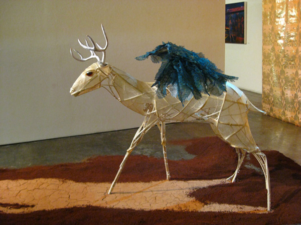 The peryton, shown at the Bruce Galleries, CCA San Francisco, from the exhibition far from god (solo show), (side view), 2009, installation dimensions variable, materials: hog gut, reed, hand-screenprinted textiles, clay, soil, resin, polymer clay, techniques: casting, screenprinting.