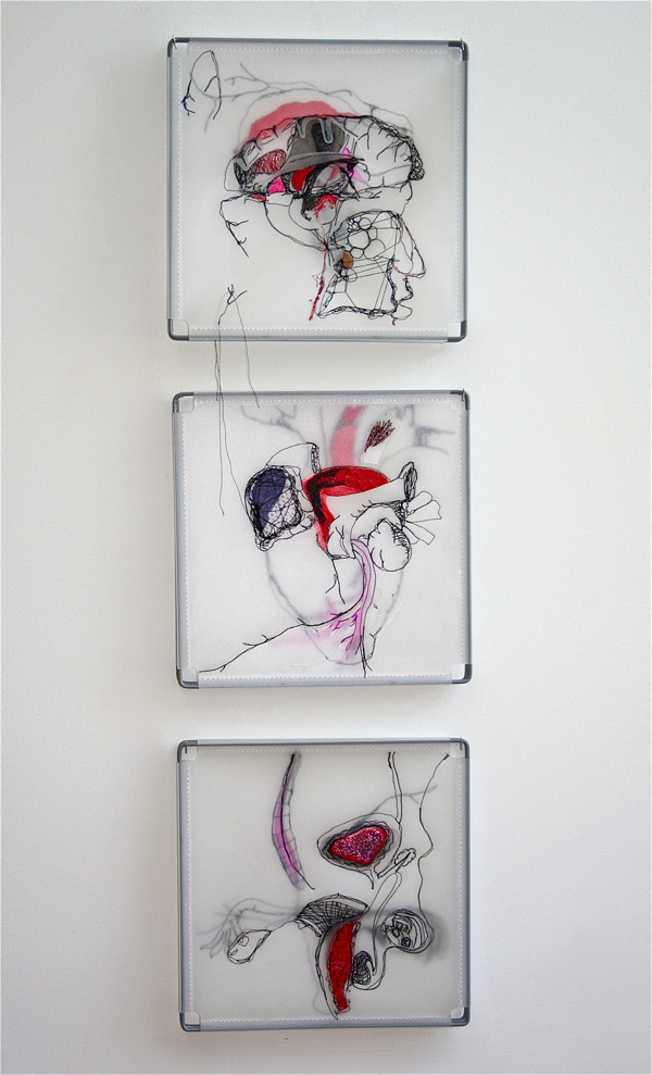 Vertebrata Inhumanata, 2012, free motion machine embroidery on recycled plastic panels (Leisa Rich)