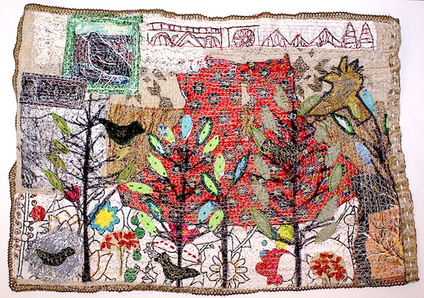 St. James' Park Crows - Dress, found and vintage textile layers, machine and hand embroidery, stencil and paint on canvas, 2009,45 x 55 cm, sewn textile collage. Photo: Anne Kelly