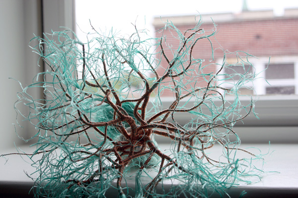 Lichen, 6.5 x 6 x 5 in., found fishing rope and copper wire