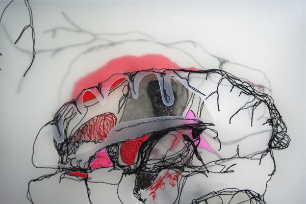 Vertebrata Inhumanata, 2012, free motion machine embroidery on recycled plastic panels (Leisa Rich)