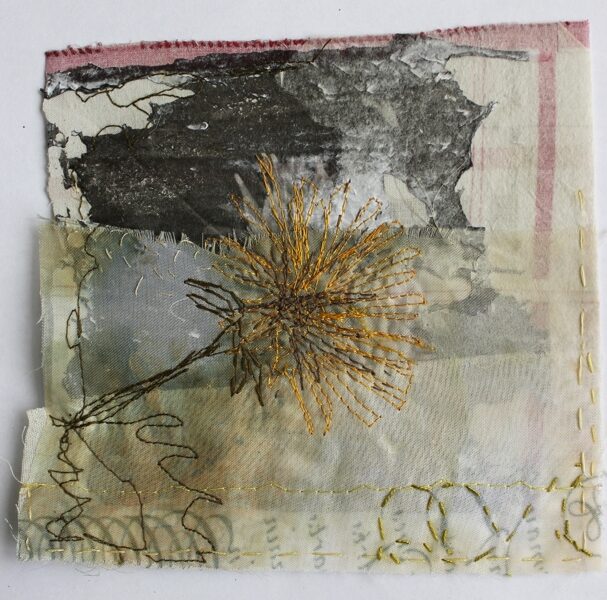 Daisy Daisy, Series based on weeds that used to grow on wild land in the Lea Valley, now the site of the Olympic Park. Transfer dyes, paper and textiles layers, print, worked on top of vintage textiles, dye, paint, print, machine and hand embroidery, 25x25cm. Photo: Cas Holmes.