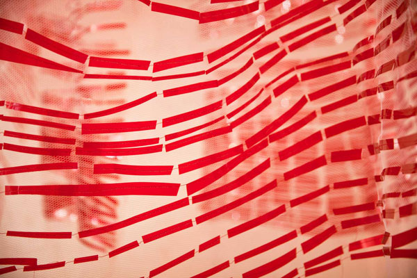 Timelines, detail, machine sewn Rubylith®, plastic, tulle, 2014, 15' x 10' x 10' Photo: Steve Wagner