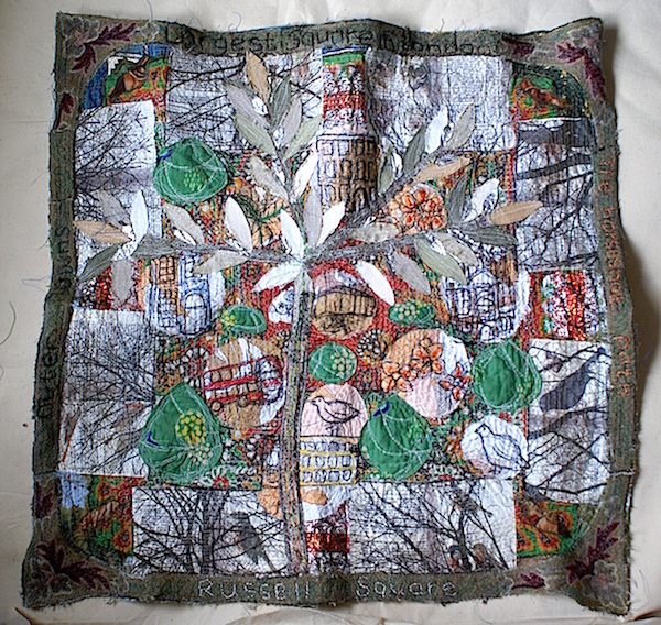 ussell Square, found and vintage textile layers, machine and hand embroidery, 2009, 90 x 90 cm, sewn textile collage. Photo: Anne Kelly
