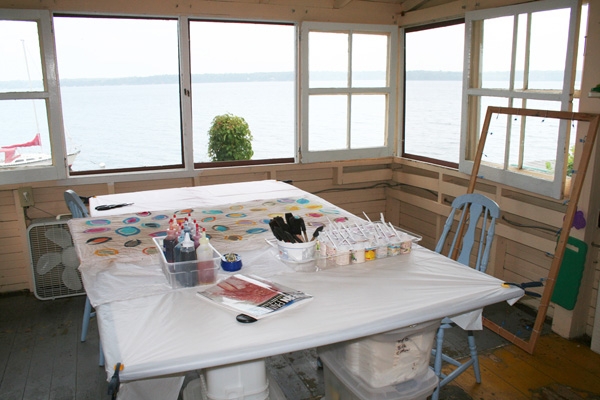 Summer Art Shack - a re-purposed dockside cottage showing fabric paint on print table