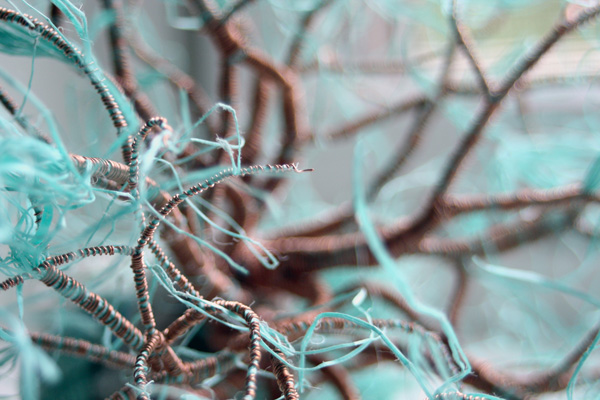 Lichen detail, 6.5 x 6 x 5 in., found fishing rope and copper wire