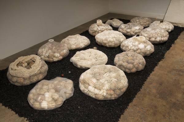 Community, 2013, 6' x 12', Monofilament, silk, wool, clay, linen, cotton, rubber. Technique crochet. Photo: John Carlano