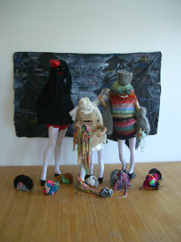The Hunting Party, fabric, paint, yarn, rope, thread, clay, fur, beads, glass eyes, paper, mannequins, 2013, 6.5ft tall x 12 ft crochet, knitting, sewing, painting, embroidery, pattern design. Photo: Shanell Papp