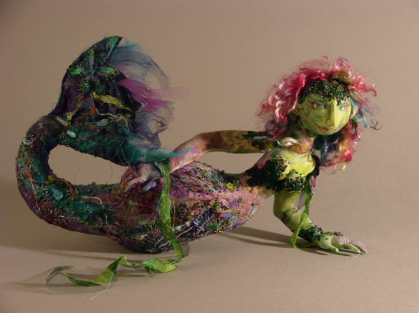 Undine, 12" H, cloth, lace ribbon, beads, wire, mohair.
Undine was 1st runner up for a Fairfield Poly-fil® competition and had graced the bags of Soft touch Poly-fil® for a couple of years.