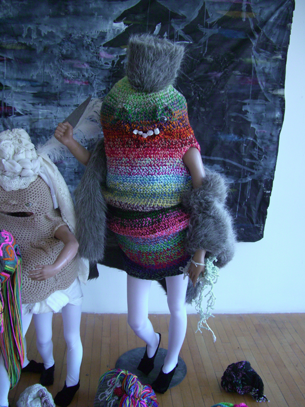 The Hunting Party, fabric, paint, yarn, rope, thread, clay, fur, beads, glass eyes, paper, mannequins, 2013, 6.5ft tall x 12 ft crochet, knitting, sewing, painting, embroidery, pattern design. Photo: Shanell Papp.