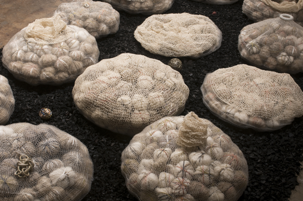 Community, detail, 2013, 6' x 12', Monofilament, silk, wool, clay, linen, cotton, rubber. Technique crochet. Photo: John Carlano