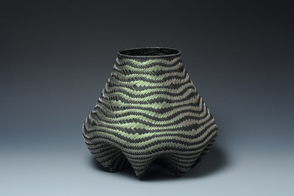 Mountain Swell, watercolor paper, acrylic paint, waxed linen thread, 2009, 12 x 15 x 15", undulating diagonal twill woven basketry, sewn rim, Photo: Ke