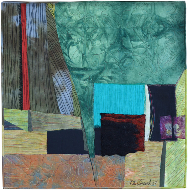 Lancaster Series: Refuge, 28x28”, hand-dyed silks, cottons and wool felt, fabric collage, machine quilted and embroidered