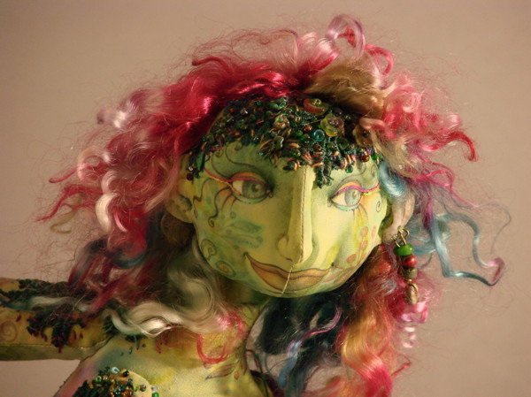 Detail: Undine, 12" H, cloth, lace ribbon, beads, wire, mohair. Undine was 1st runner up for a Fairfield Poly-fil® competition and had graced the bags of Soft touch Poly-fil® for a couple of years.