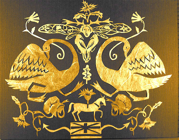 Laura Secord Bonnet Crest. Illustration in Laura Secord Alphabet Book.  Papercut, Washi. 2011. Laura Secord Paper-cuts: David Kaye Gallery, 2011. Rodman Hall, 2012.