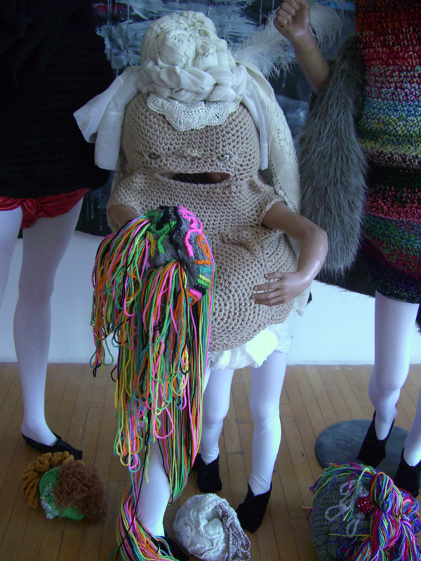 The Hunting Party, fabric, paint, yarn, rope, thread, clay, fur, beads, glass eyes, paper, mannequins, 2013, 6.5ft tall x 12 ft crochet, knitting, sewing, painting, embroidery, pattern design. Photo: Shanell Papp.
