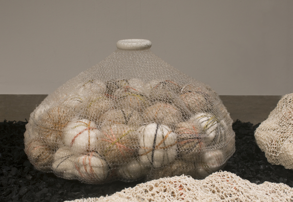 Community, detail, 2013, 6' x 12', Monofilament, silk, wool, clay, linen, cotton, rubber. Technique crochet. Photo: John Carlano
