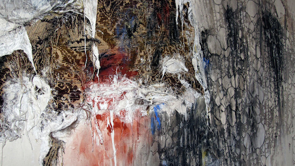She Speaks Softly, detail, 2010, 10’H x 18’W, alpaca wool, chicken wire, lace, upholstery fabric, plaster, spackle, charcoal, human hair, pastel, gesso, rubber latex. Technique: Layering materials on top of wall and then dismantling them. Photo: Mary Grisey. 