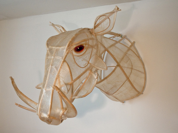 Warthog, shown at Paxton Gate Gallery, San Francisco, as part of words once spoken (solo show), 2010, 50" x 28" x 36", materials: hog gut, reed, zip ties, resin.