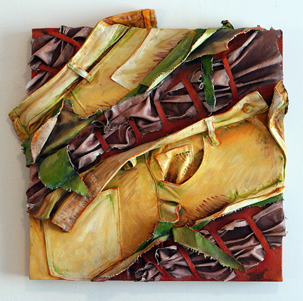 Interwoven 6, Oil on Canvas with Collared Shirts, 43cm x 43cm, Hand Woven & Stitched. Photo: Courtesy of the artist.