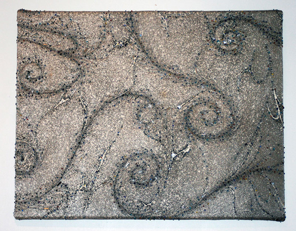 Organic Shapes V, 19 x 15  Hand marbled silk, hand stitched and beaded, mounted on stretcher bars. Photo: Rosemary Claus-Gray