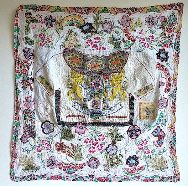 Sophie Bianca, found and vintage textile layers, machine and hand embroidery, 2012, 90 x 90 cm, sewn textile collage. Photo: Anne Kelly