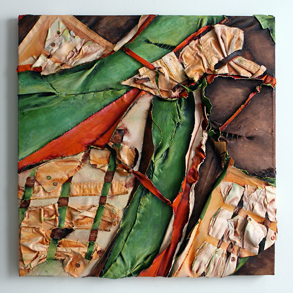 Interwoven 5, Oil on Canvas with Collared Shirts, 76cm x 76cm, Hand Woven & Stitched. Photo: Courtesy of the artist.