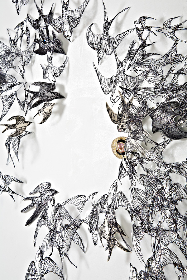 Mass Hysteria (detail), 2012, free motion machine embroidery on plastic (Michael West)