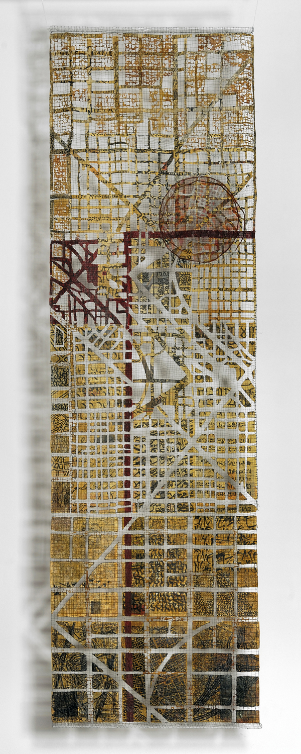 City in the Air, newspaper, thread, sheer, 2012, 300cmx100cm, wall hanging. Photo: Tihanyi & Bakos