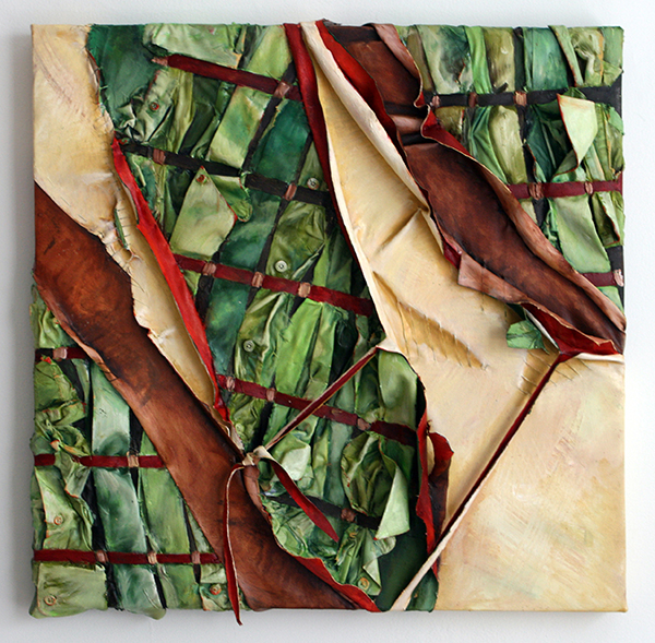 Interwoven 2, Oil on Canvas with Collared Shirts, 61cm x 61cm, Hand Woven & Stitched. Photo: Courtesy of the artist.