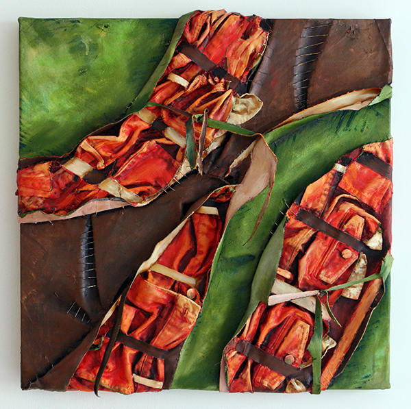 Interwoven 3, Oil on Canvas with Denim, 61cm x 61cm, Hand Woven & Stitched. Photo: Courtesy of the artist.