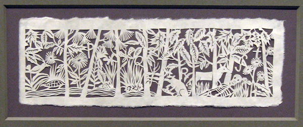 Laura Secord paper-cut for illustrated book.  Find P,Q,R,S,T. 2011.  Washi paper. approx. 6" x 12", Part of the 2011/2012 Laura Secord Paper-cut shows at David Kaye/ Rodman Hall.