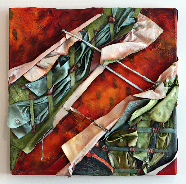 Interwoven 7, Oil on Canvas with Collared Shirts, 56cm x 56cm, Hand Woven & Stitched.