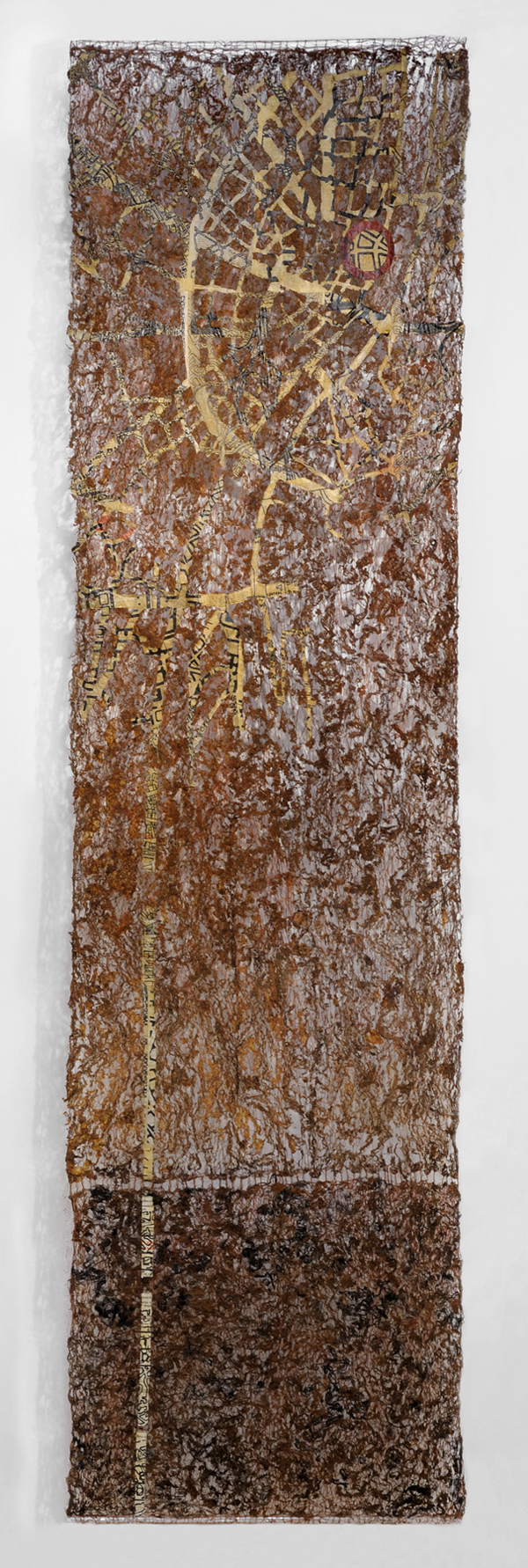 Delicate Balance III, newspaper, thread, 2012, 300cm x 90cm, wall hanging. Photo: Tihanyi & Bakos