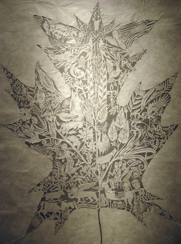 Maple Leaf. 2011 Washi paper-cut. 30" x 40", Part of the Laura Secord Paper-cut shows. (Rodman Hall bought this one for their collection)