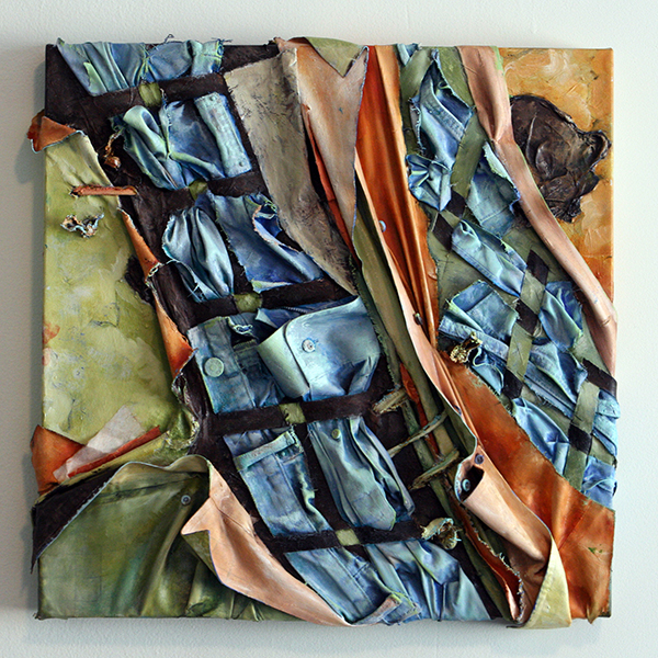 Interwoven 8, Oil on Canvas with Collared Shirts & Denim, 51cm x 51cm, Hand Woven & Stitched.
