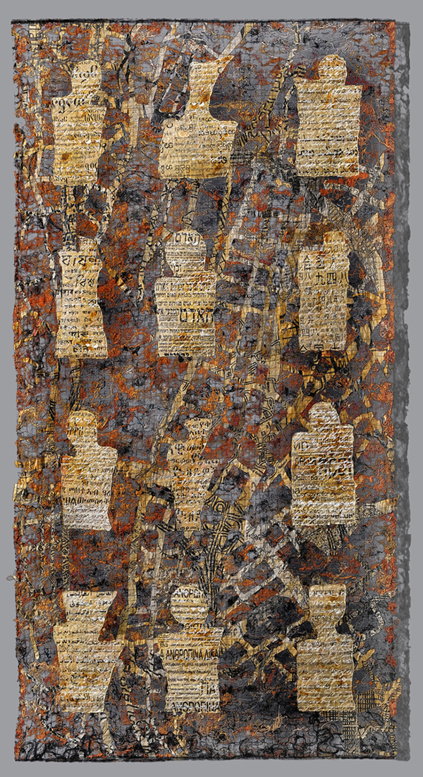 Icon Web, newspaper, threads, 2011, 200 cm x 100 cm, wall hanging. Photo: Tihanyi & Bakos