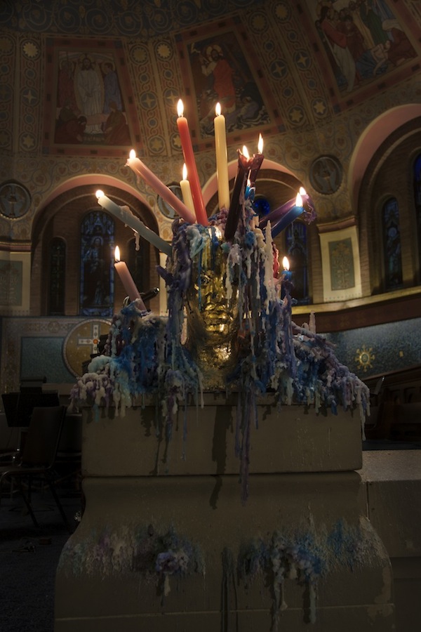 Votive II, life scale, 2012 (Nether Mind Artist Collective installation at St. Anne's Anglican Church, Toronto.) Mixed Media: wax, plaster, metal leaf, glass eyes, candles. Photo: Catherine Heard