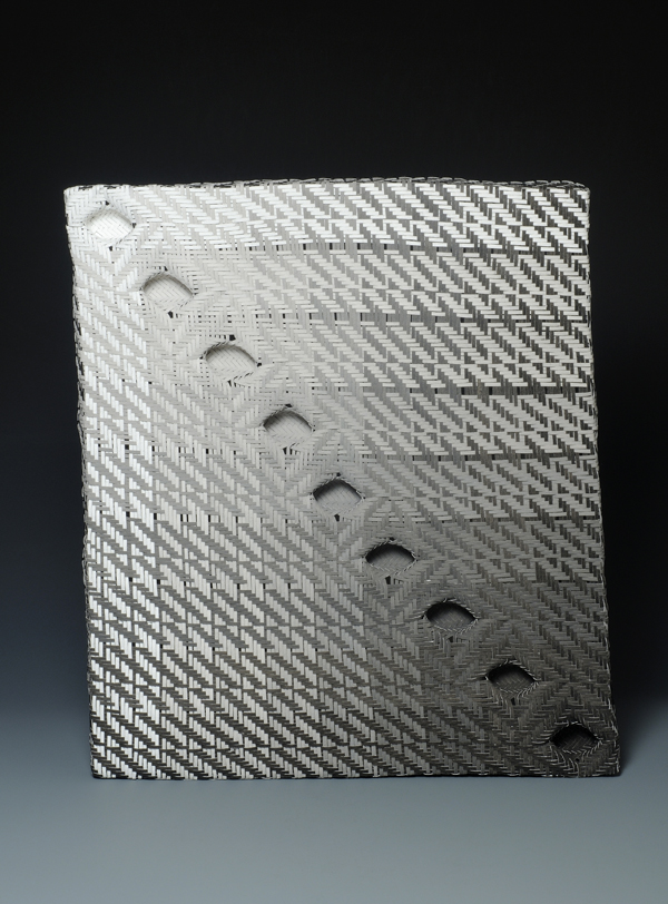 Inner Journey, watercolor paper, acrylic paint, waxed linen thread, 2009, 20 x 18 x 1", diagonal twill woven basketry, sewn rim, Photo: Ken Rowe