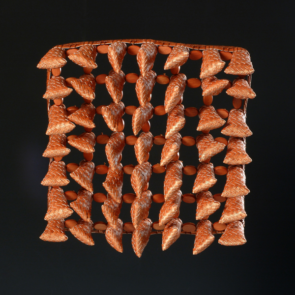 Shifting Sands, watercolor paper, acrylic paint, waxed linen thread, beads, 2008, 8.5 x 8.5 x 2.5", diagonal twill woven basketry, sewn rim, Photo: Ken Rowe
 