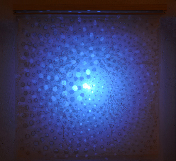 Cycle.Moon, buckram, silk organza, LED Light, gel, incense burning, stitching, 18.5" (w) x 18.5"(h) x 6"(d) photo: Xia Gao