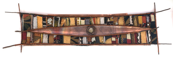 River Stone, embellished, found and new textiles, copper, stone, willow branch, paper, 18" X 50", 2012, Photo credit: Mark Vander Vennen