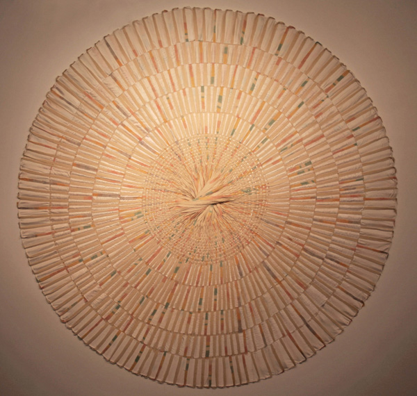 Good Morning, Midnight, size 91" diameter, Medium: burlap, twine, thread, dye.
