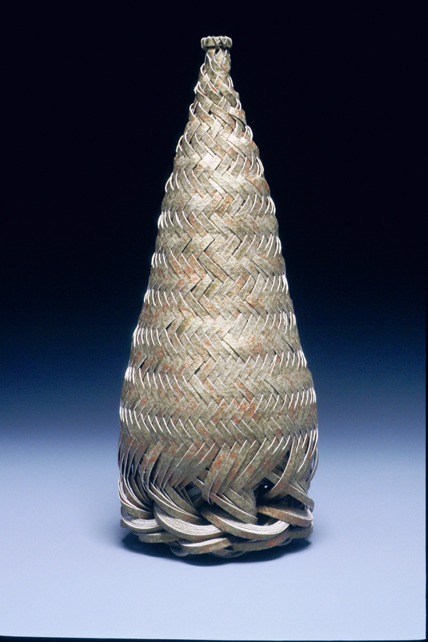 Topiary Twist, watercolor paper, acrylic paint, waxed linen thread, 2005, 10 x 4 x 4", diagonal twill woven basketry, compound rinko start, sewn rim, Photo: Ken Rowe