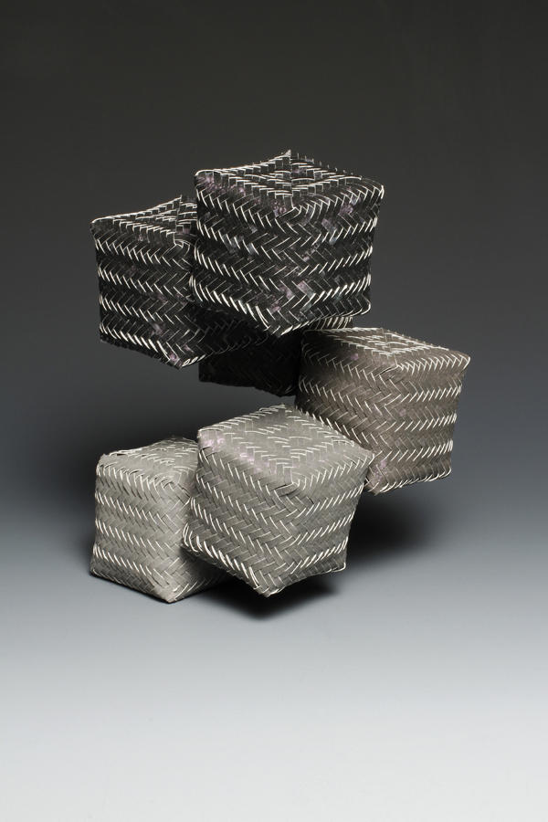 Boxes Afloat, watercolor paper, acrylic paint, waxed linen thread, balsa wood, 2010, 9.5 x 6 x 6", diagonal twill woven basketry, Photo: Ken Rowe