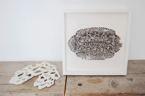 Dropstitch & Porcelain Lace Study, 2011, 30.5 cm h x 30.5 cm w x 3.8 cm d, Paper, free-motion embroidery, Thread, konnayaku, burn-out, Porcelain. Photograph: Natasha Bardin