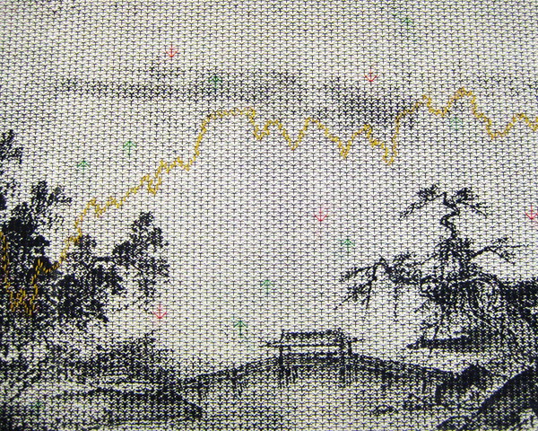 Detail: Mountains & Streams, Secular and Pecuniary, Buckram, thread, pigment, screen printing, stitching, 347"(w) x 20"(h) x 2'(d), photo: Xia Gao