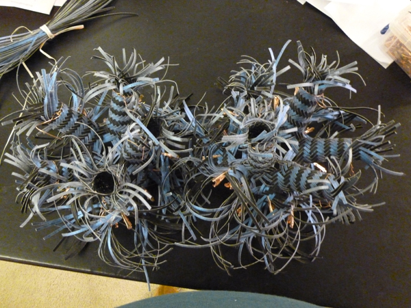 Dodecahedron, in process, watercolor paper, acrylic paint, waxed linen thread, 2013, 10 x 10 x 10", diagonal twill woven basketry, sewn rim, Photo: Dorothy McGuinness