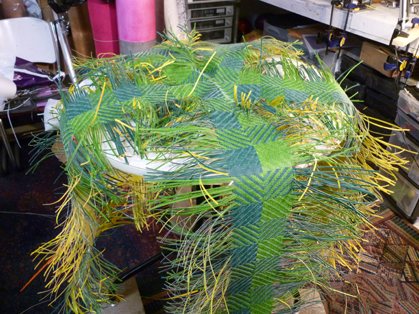 Star Auger, in process, watercolor paper, acrylic paint, waxed linen thread, 2012, 16 x 25 x 16", diagonal twill woven basketry, sewn rim, Photo: Dorothy McGuinness