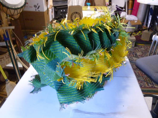 Star Auger, in process, watercolor paper, acrylic paint, waxed linen thread, 2012, 16 x 25 x 16", diagonal twill woven basketry, sewn rim, Photo: Dorothy McGuinness